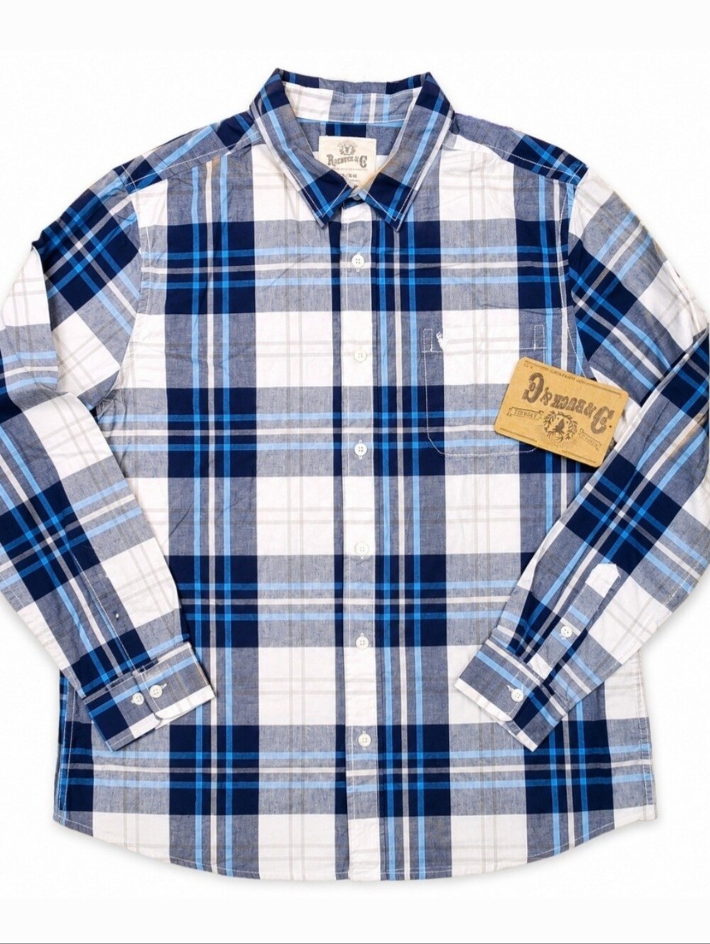 NWT Roebuck & Co Blue Plaid Button Down Shirt Men's XL 100% Cotton Long Sleeve